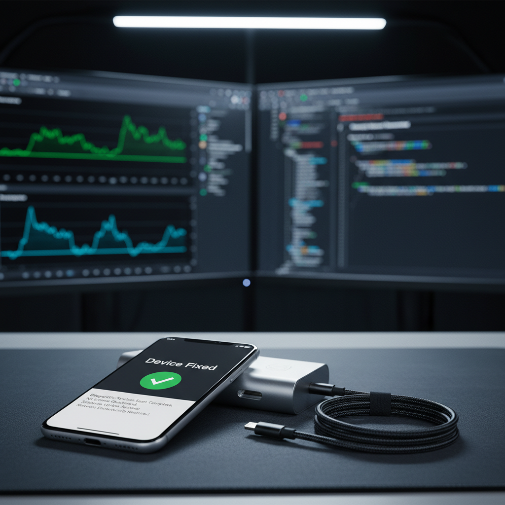 A close-up, photographic view of a slim silver smartphone lying on a textured charcoal desk pad, its screen showing a clear "Device Fixed" notification with a green checkmark and detailed diagnostics beneath. Beside it, a small, brushed-aluminum docking station and a braided charging cable are neatly coiled. In the background, slightly out of focus, a dual-monitor setup displays network monitoring graphs and security reports, suggesting remote assistance. Cool white LED task lighting from above and a subtle glow from the screens create a crisp, high-tech atmosphere. The composition follows the rule of thirds with a shallow depth of field, emphasizing clarity, speed, and professional problem-solving in a modern tech support context.