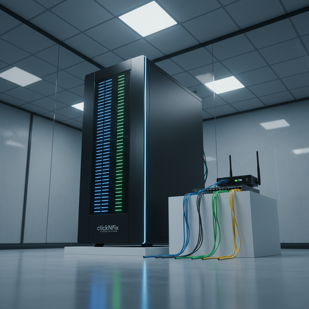 An ultra-modern server tower with a brushed black metal finish stands on a low, matte white platform, its front panel glowing with orderly rows of blue and green status LEDs. Next to it, a compact, high-speed router and a network switch are linked by neatly routed, color-coded Ethernet cables. The environment is a pristine, glass-walled tech room with faint reflections on the polished concrete floor. Soft, cool overhead lighting and subtle rim lighting along the server edges highlight texture and detail. Shot from a slightly low angle to give a sense of reliability and power, with sharp focus throughout, the photographic realism and clean, professional aesthetic evoke enterprise-level clickNfix network support.