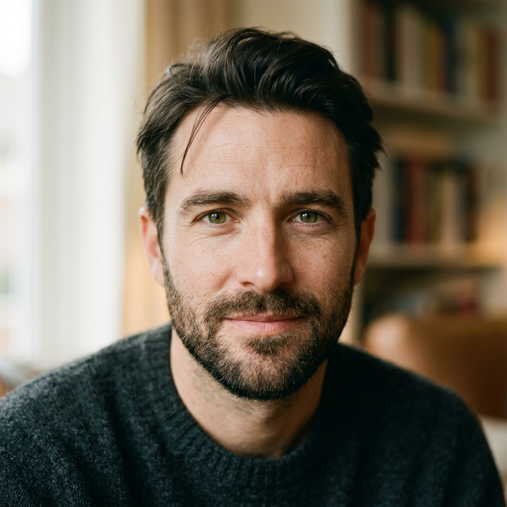 Man with dark hair and beard wearing a dark sweater in a cozy indoor setting